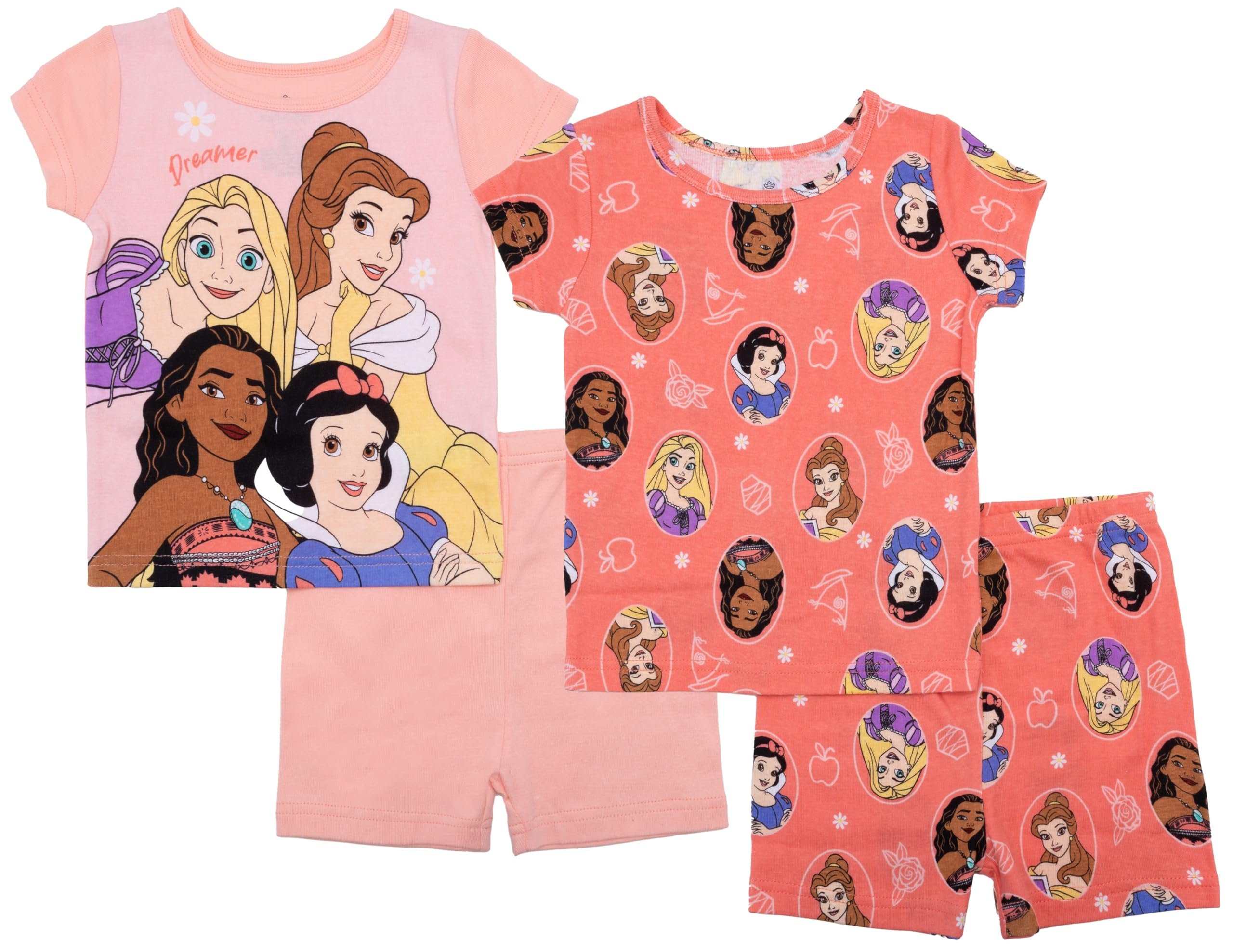 Disney Toddler/Little/Big Girls' Princess Pajama Set 4-Piece Cotton Sleepwear, Pink Princess, 2T